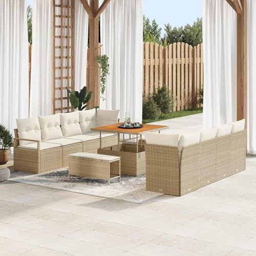 Swpsd 11-teiliges Garten-Sofa-Set mit Kissen Beige Poly-Rattan Akazie, Modulares Gartenmöbel-Set für Balkon Terrasse und Café3364456 von Swpsd