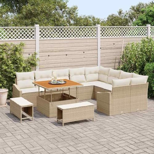 Swpsd 12-teiliges Gartensofa-Set mit Kissen Beige Poly Rattan Akazie, Modulares Gartenmöbel-Set für Balkon Terrasse und Café3364636 von Swpsd