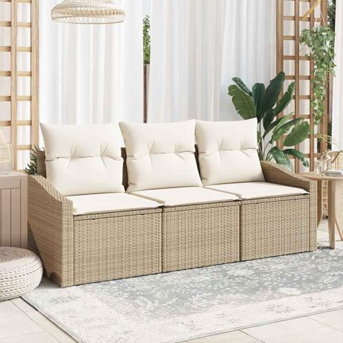 Swpsd 3-TLG. Garten-Essgruppe mit Kissen Beige Poly Rattan, Modulares Gartenmöbel-Set für Balkon Terrasse und Café3355250 von Swpsd