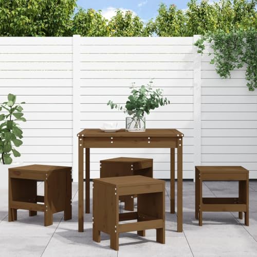 Swpsd 5-TLG. Garten Essgruppe 4 Personen, Gartenmöbel Set 4 Stühle mit Tisch, Garten Sitzgruppe, Essgruppe für Garten Terrasse und Balkon, Honigbraun Massivholz Kiefer/ T276BT von Swpsd