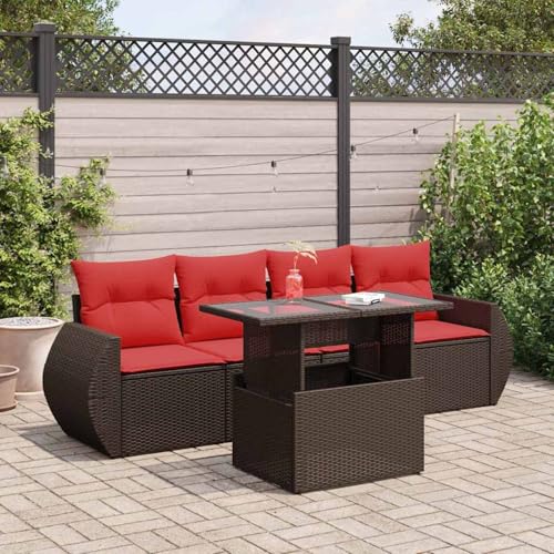Swpsd 5-TLG. Garten-Sofagarnitur mit Kissen Braun Poly Rattan Akazie, Modulares Gartenmöbel-Set für Balkon Terrasse und Café3326565 von Swpsd