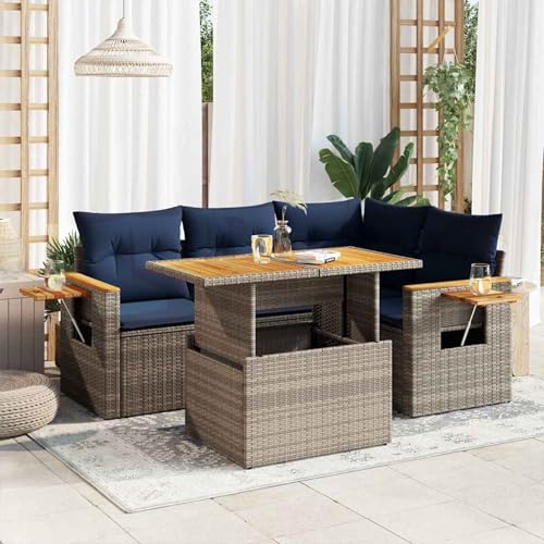 Swpsd 5-TLG. Garten-Sofagarnitur mit Kissen Grau Poly Rattan Akazie, Modulares Gartenmöbel-Set für Balkon Terrasse und Café3327596 von Swpsd