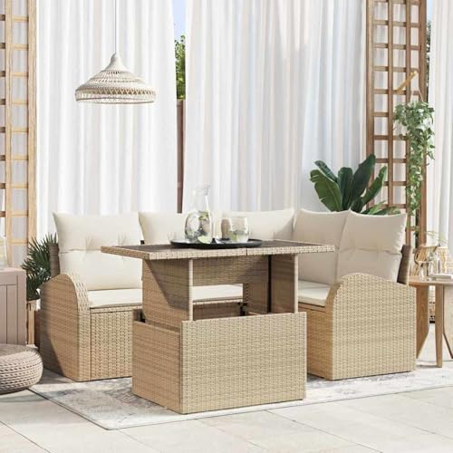 Swpsd 5-teiliges Garten-Sofa-Set mit Kissen in Beige, Poly Rattan, Modulares Gartenmöbel-Set für Balkon Terrasse und Café3357374 von Swpsd