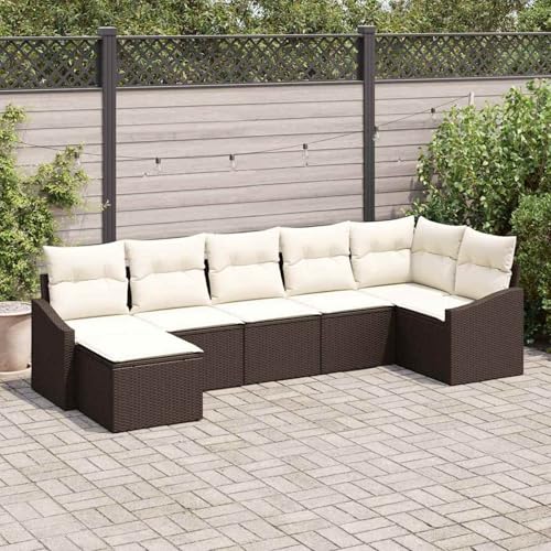 Swpsd 7-teiliges Garten Essgruppe mit Kissen Braun Poly Rattan, Modulares Gartenmöbel-Set für Balkon Terrasse und Café3355477 von Swpsd