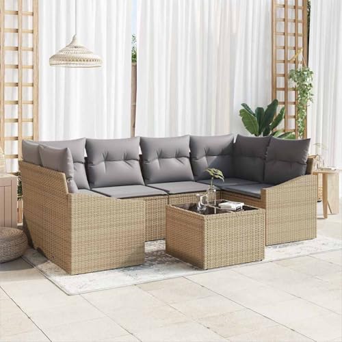 Swpsd 7-teiliges Garten-Essgruppen-Set mit Kissen Beige Poly Rattan, Modulares Gartenmöbel-Set für Balkon Terrasse und Café3355289 Swpsd 7-teiliges Garten-Essgruppen-Set mit Kissen Beige Poly Rattan, Modulares Gartenmöbel-Set für Balkon Terrasse und Café3355289 von Swpsd