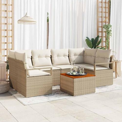 Swpsd 7-teiliges Garten-Sofa-Set mit Kissen Beige Poly-Rattan Akazie, Modulares Gartenmöbel-Set für Balkon Terrasse und Café3356328 von Swpsd