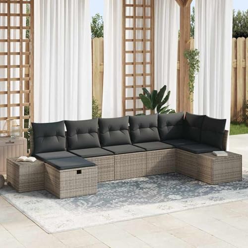 Swpsd 7-teiliges Garten-Sofa-Set mit Kissen Grau Poly Rattan, Modulares Gartenmöbel-Set für Balkon Terrasse und Café3359398 von Swpsd