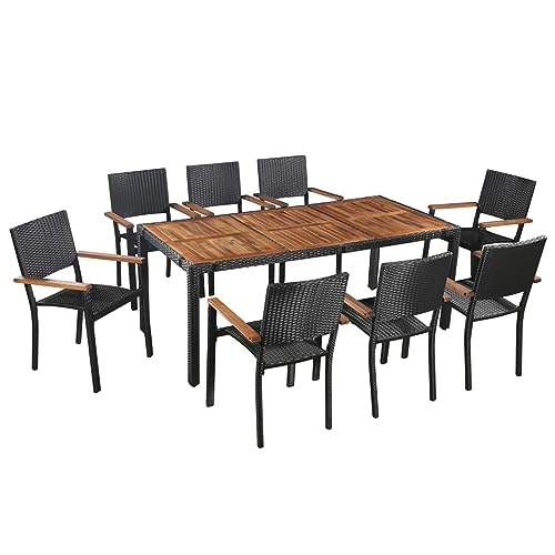Swpsd 9-TLG. Garten Essgruppe 8 Personen, Gartenmöbel Set 8 Stühle mit Tisch, Garten Sitzgruppe, Essgruppe für Garten Terrasse und Balkon, Poly Rattan Akazie Massivholz Schwarz von Swpsd