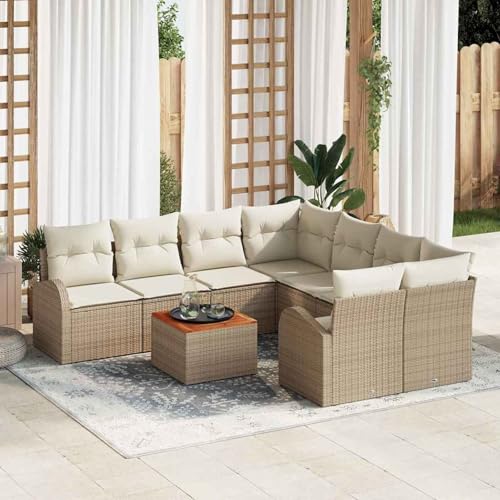 Swpsd 9-teiliges Garten-Sofa-Set mit Kissen Beige Poly Rattan Akazie, Modulares Gartenmöbel-Set für Balkon Terrasse und Café3347561 von Swpsd