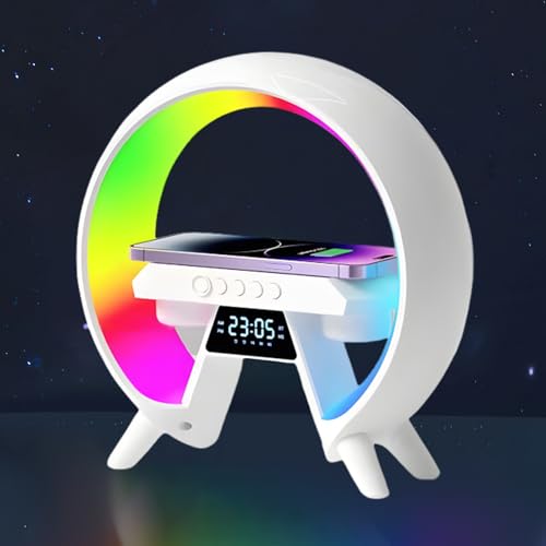 Atmosphärenlampe mit Kabellosem Ladegerät, 5 in 1 Kabelloses Laden Tischlampe,LED Nachttischlampe, Musik Alarm Clock,Dimmbar Nachtlicht, Bluetooth-Lautsprecher, für Büro, Schlafzimmer,Wohnzimmer Atmosphärenlampe mit Kabellosem Ladegerät, 5 in 1 Kabelloses Laden Tischlampe,LED Nachttischlampe, Musik Alarm Clock,Dimmbar Nachtlicht, Bluetooth-Lautsprecher, für Büro, Schlafzimmer,Wohnzimmer von Swsdee