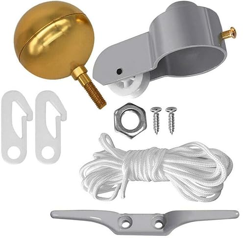 Fahnenmast Zubehör Kit, Fahnenmast-Teilereparatur-Set, Zubehör Set inkl. Kugel Spitze Gold, Seil, Karabiner, Klampe, Topper aus Aluminium mit Seilrolle von Swsdee