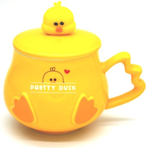Süße 3D Tasse Ente Kaffeetasse- 450 ml Fassungsvermögen,Geprägtes Entlein,Lustige Keramik-Enten-Kaffeetasse, mit Deckel und Löffel, Perfekt für Tee, Kaffee und heiße Schokolade von Swsdee