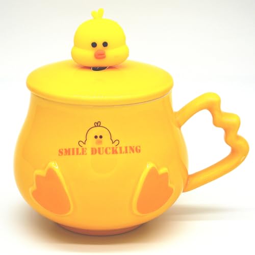 Süße 3D Tasse Ente Kaffeetasse- 450 ml Fassungsvermögen,Geprägtes Entlein,Lustige Keramik-Enten-Kaffeetasse, mit Deckel und Löffel, Perfekt für Tee, Kaffee und heiße Schokolade von Swsdee