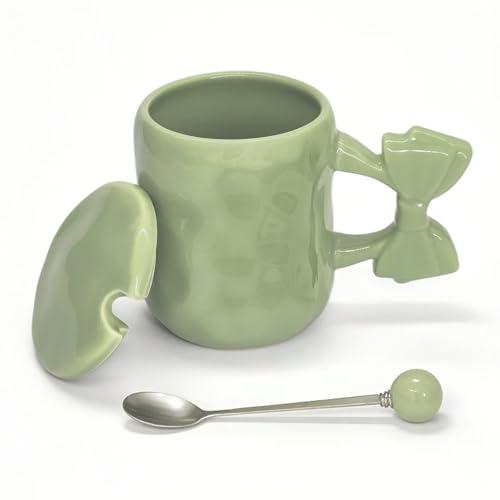 Swsdee Kaffeebecher Keramik, Perlglasur,Keramiktasse mit Deckellöffel,Niedlicher Schleife,für Büro und Zuhause, 450ml Kaffeetasse Groß für Kaffee, Tee und Milch von Swsdee