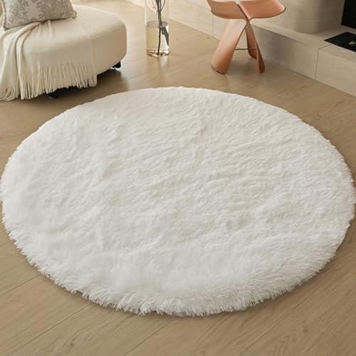 Swsen Rund Teppich Wohnzimmer Super Weich - Shaggy Teppiche Flauschig Anti-Rutsch Unterseite - Moderner Carpet Waschbar Langflor Hochflor Teppiche 100 cm Durchmesser, Weiß von Swsen