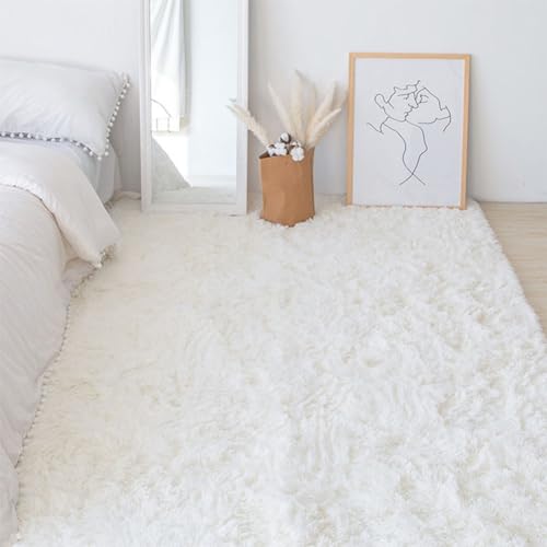 Swsen Teppich Wohnzimmer Super Weich Rechteckig - Shaggy Teppiche Flauschig Anti-Rutsch Unterseite - Moderner Carpet Waschbar Langflor Hochflor Teppiche 60 x 180cm, Weiß von Swsen