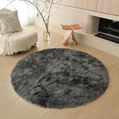 Swsen Rund Teppich Wohnzimmer Super Weich - Shaggy Teppiche Flauschig Anti-Rutsch Unterseite - Moderner Carpet Waschbar Langflor Hochflor Teppiche 80 cm Durchmesser, Tiedye-Dunkegrau von Swsen
