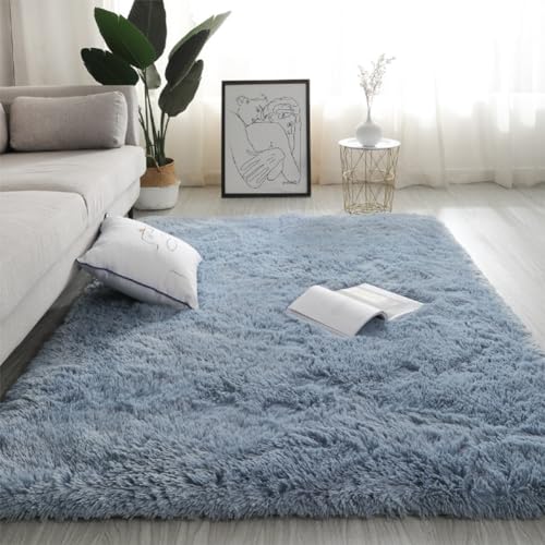 Swsen Teppich Wohnzimmer Super Weich Rechteckig - Shaggy Teppiche Flauschig Anti-Rutsch Unterseite - Moderner Carpet Waschbar Langflor Hochflor Teppiche 90 x 150cm, Seeblau von Swsen
