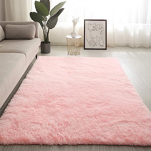 Swsen Teppich Wohnzimmer Super Weich - Shaggy Teppiche Flauschig Anti-Rutsch Unterseite - Moderner Carpet Hochflor Langflor Waschbar Teppiche 50x80 cm, Babyrosa von Swsen