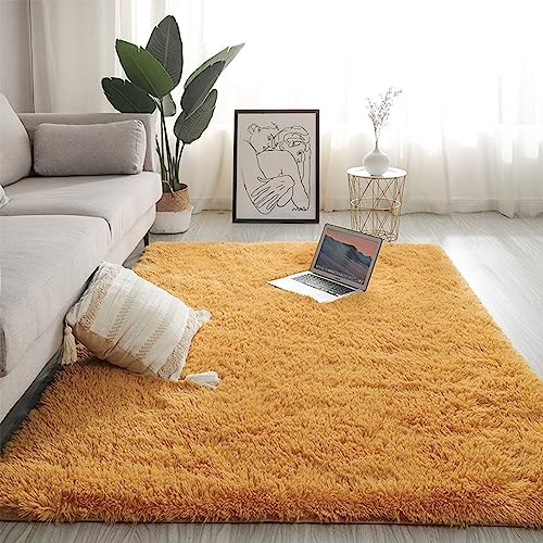 Swsen Teppich Wohnzimmer Super Weich - Shaggy Teppiche Flauschig Anti-Rutsch Unterseite - Moderner Carpet Waschbar Hochflor Langflor Teppiche 90 x 150CM, Kurkuma von Swsen