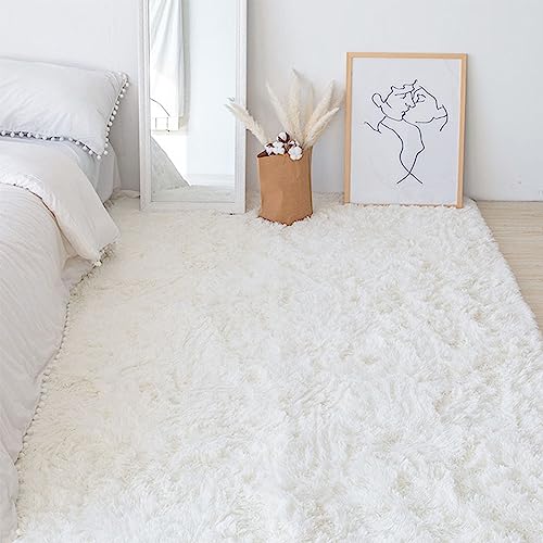 Swsen Teppich Wohnzimmer Super Weich - Shaggy Teppiche Flauschig Anti-Rutsch Unterseite - Moderner Carpet Waschbar Langflor Hochflor Teppiche 100x120cm, Weiß von Swsen