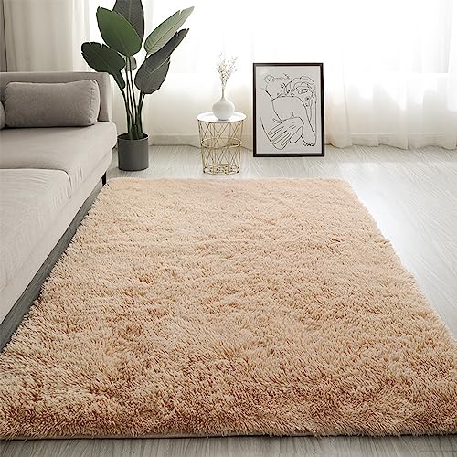 Swsen Teppich Wohnzimmer Super Weich - Shaggy Teppiche Flauschig Anti-Rutsch Unterseite - Moderner Carpet Waschbar Langflor Hochflor Teppiche 60x120cm, Beige von Swsen