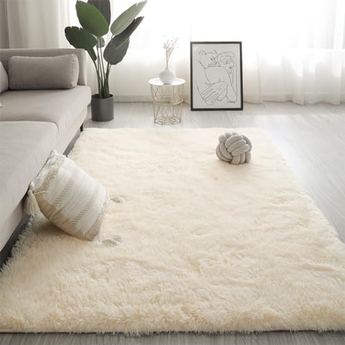 Swsen Weicher Shaggy Wohnzimmerteppich – Flauschig & Waschbar – Moderner Teppich für Schlafzimmer mit Rutschfester Unterseite, CremeWeiß, 40 x 60cm von Swsen