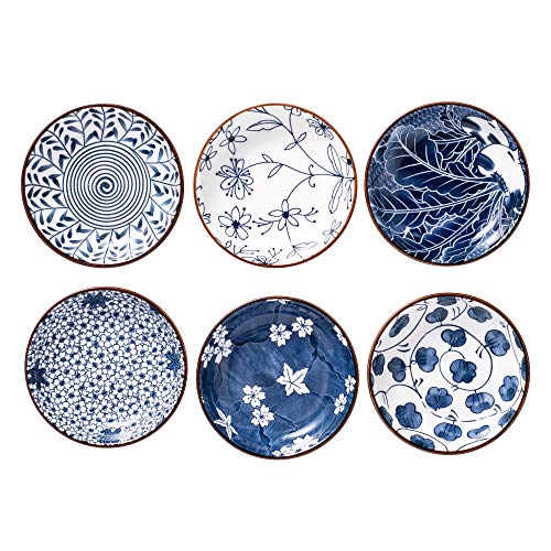 Swuut , Keramik , im japanischen Stil, 10, 2 cm, Beilagen, Saucenschalen für Sushi, Sauce, Snack und Soja, 85 ml, blaue weiße Quetschschalen die Küchenvorbereitung – Set von 6 (10, cm) von Swuut