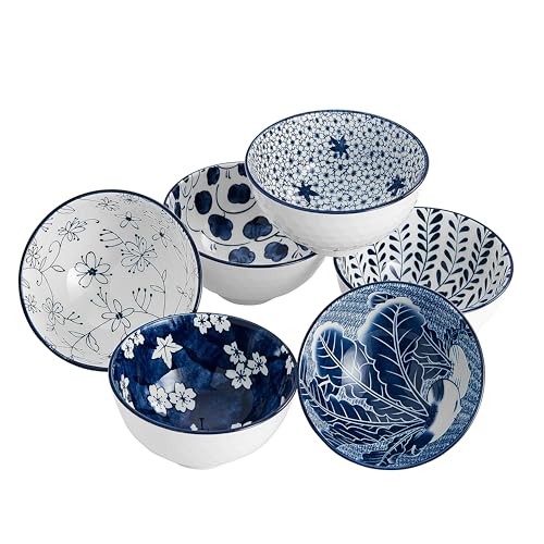Swuut Keramik Müslischalen 6er Set im japanischen Stil,Blau und Weiß Schalen,15 cm Salatschalen Set,China Suppenschüsseln (15 cm) von Swuut