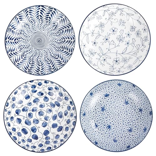 Swuut Keramik Pastateller Set von 4, Blau und Weiß Porzellan 20cm Salatschüsseln, Abendessen Flache Teller Servieren Vorspeise Salat Dessert Snack Schale (20cm) von Swuut