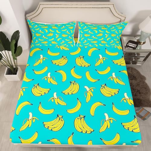 Bananenfrucht Spannbettlaken 160x200cm Grün Bettlaken 3D Erwachsener Spannbetttuch 160x200 Spannbetttücher Topper 30 cm Höhe Weiche Mikrofaser mit 2 Kissenbezügen a.7222 von Sxakswol