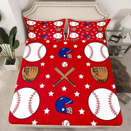 Baseball Spannbettlaken 180x200cm Ballsport Bettlaken 3D Erwachsener Spannbetttuch 180x200 Spannbetttücher Topper 30 cm Höhe Weiche Mikrofaser mit 2 Kissenbezügen a.7115 von Sxakswol