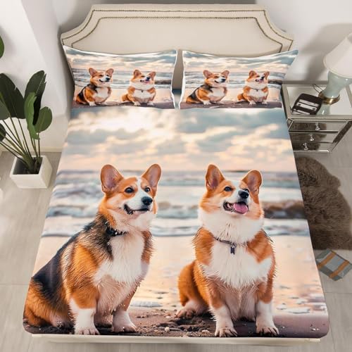Corgi Spannbettlaken 120x200cm Kinder Hund Bettlaken 3D Spannbetttuch 120x200 Spannbetttücher Topper 30 cm Höhe Weiche Mikrofaser mit 2 Kissenbezügen a.5528 von Sxakswol
