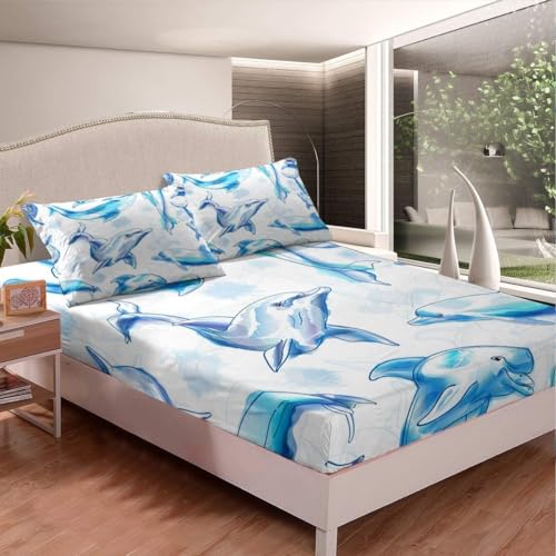 Delfine Spannbettlaken 90x200cm Kinder Kinder und Erwachsene Bettlaken 3D Spannbetttuch 90x200 Spannbetttücher Topper 30 cm Höhe Weiche Mikrofaser mit 2 Kissenbezügen a.7099 von Sxakswol
