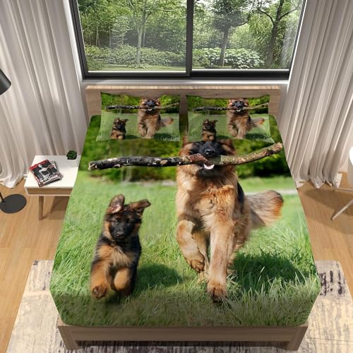 Deutscher Schäferhund Spannbettlaken 180x200cm Süßer Hund Bettlaken 3D Erwachsener Spannbetttuch 180x200 Spannbetttücher Topper 30 cm Höhe Weiche Mikrofaser mit 2 Kissenbezügen a.4517 von Sxakswol