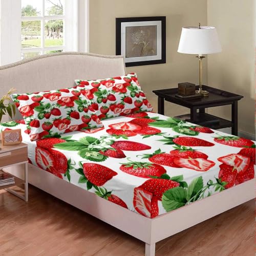 Erdbeere Spannbettlaken 180x200cm Früchte Bettlaken 3D Erwachsener Spannbetttuch 180x200 Spannbetttücher Topper 30 cm Höhe Weiche Mikrofaser mit 2 Kissenbezügen a.5399 von Sxakswol
