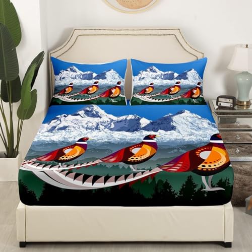 Fasan Spannbettlaken 160x200cm Verschneiter Bergwald Bettlaken 3D Erwachsener Spannbetttuch 160x200 Spannbetttücher Topper 30 cm Höhe Weiche Mikrofaser mit 2 Kissenbezügen a.7192 von Sxakswol