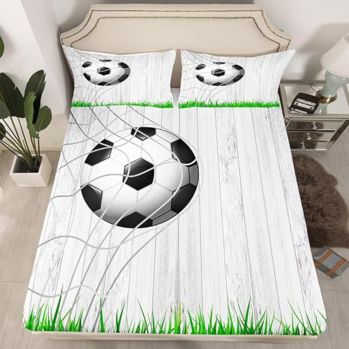 Fußballtore Spannbettlaken 120x200cm Kinder Retro-Holzbrett Bettlaken 3D Spannbetttuch 120x200 Spannbetttücher Topper 30 cm Höhe Weiche Mikrofaser mit 2 Kissenbezügen a.7070 von Sxakswol