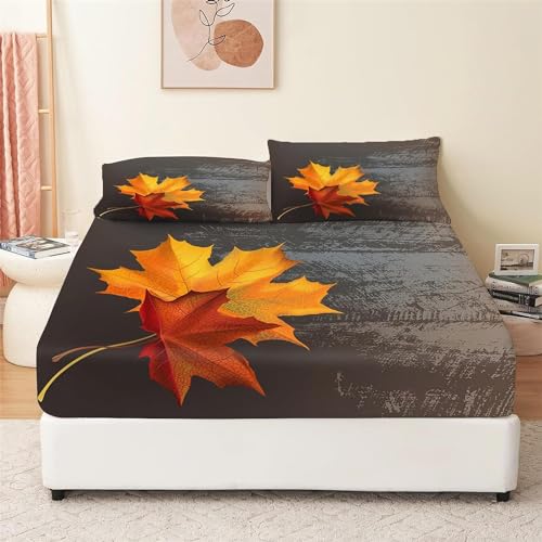 Gelbe Blätter Spannbettlaken 180x200cm Vintage Herbst Bettlaken 3D Erwachsener Spannbetttuch 180x200 Spannbetttücher Topper 30 cm Höhe Weiche Mikrofaser mit 2 Kissenbezügen a.7043 von Sxakswol