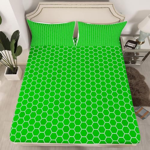 Geometrisch Spannbettlaken 160x200cm Grün Bettlaken 3D Erwachsener Spannbetttuch 160x200 Spannbetttücher Topper 30 cm Höhe Weiche Mikrofaser mit 2 Kissenbezügen a.7120 von Sxakswol