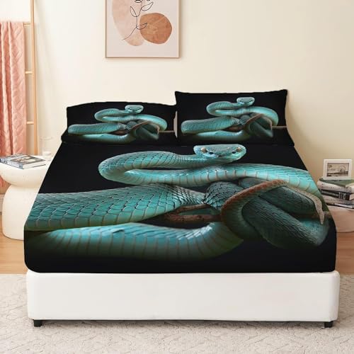 Grüne Schlange Spannbettlaken 90x200cm Kinder Schlange Bettlaken 3D Spannbetttuch 90x200 Spannbetttücher Topper 30 cm Höhe Weiche Mikrofaser mit 2 Kissenbezügen a.5569 von Sxakswol