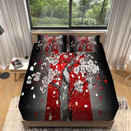 Japanischer Stil Spannbettlaken 180x200cm Kirschblüten Bettlaken 3D Erwachsener Spannbetttuch 180x200 Spannbetttücher Topper 30 cm Höhe Weiche Mikrofaser mit 2 Kissenbezügen a.7151 von Sxakswol