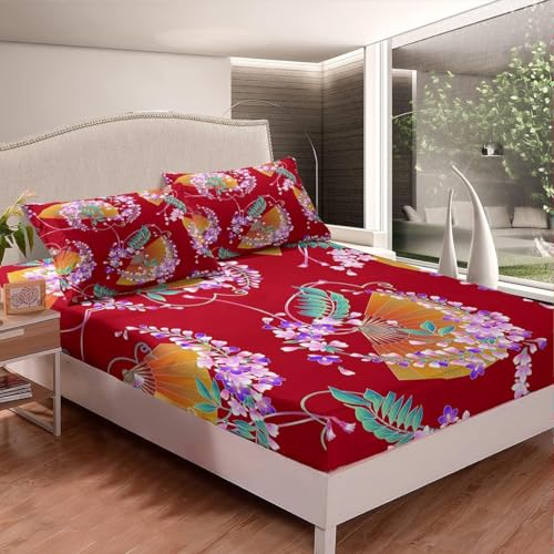 Japanisches Rot Spannbettlaken 140x200cm Blumen Bettlaken 3D Erwachsener Spannbetttuch 140x200 Spannbetttücher Topper 30 cm Höhe Weiche Mikrofaser mit 2 Kissenbezügen a.7089 von Sxakswol