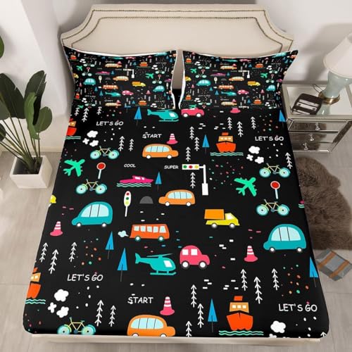Junge und Mädchen Spannbettlaken 120x200cm Kinder Cartoon-Autos Bettlaken 3D Spannbetttuch 120x200 Spannbetttücher Topper 30 cm Höhe Weiche Mikrofaser mit 2 Kissenbezügen a.5582 von Sxakswol