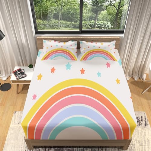 Kindercartoon Spannbettlaken 140x200cm Regenbogen Bettlaken 3D Erwachsener Spannbetttuch 140x200 Spannbetttücher Topper 30 cm Höhe Weiche Mikrofaser mit 2 Kissenbezügen a.5325 von Sxakswol