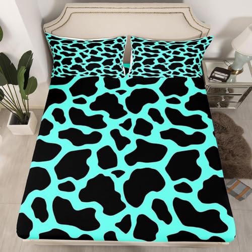 Kuh Spannbettlaken 160x200cm Jungen Mädchen Bettlaken 3D Erwachsener Spannbetttuch 160x200 Spannbetttücher Topper 30 cm Höhe Weiche Mikrofaser mit 2 Kissenbezügen a.7108 von Sxakswol