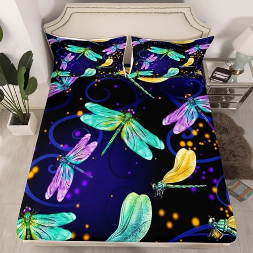Libelle Spannbettlaken 160x200cm Kinder und Mädchen Bettlaken 3D Erwachsener Spannbetttuch 160x200 Spannbetttücher Topper 30 cm Höhe Weiche Mikrofaser mit 2 Kissenbezügen a.7180 von Sxakswol