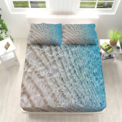 Meer Spannbettlaken 180x200cm Meer Strand Bettlaken 3D Erwachsener Spannbetttuch 180x200 Spannbetttücher Topper 30 cm höhe Weiche Mikrofaser mit 2 Kissenbezügen a.827 von Sxakswol