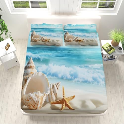 Meer Spannbettlaken 180x200cm Strand-Meer-Landschaft Bettlaken 3D Erwachsener Spannbetttuch 180x200 Spannbetttücher Topper 30 cm höhe Weiche Mikrofaser mit 2 Kissenbezügen a.1445 von Sxakswol