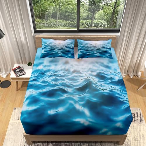 Meerwasser Spannbettlaken 140x200cm Blau Bettlaken 3D Erwachsener Spannbetttuch 140x200 Spannbetttücher Topper 30 cm Höhe Weiche Mikrofaser mit 2 Kissenbezügen a.7059 von Sxakswol